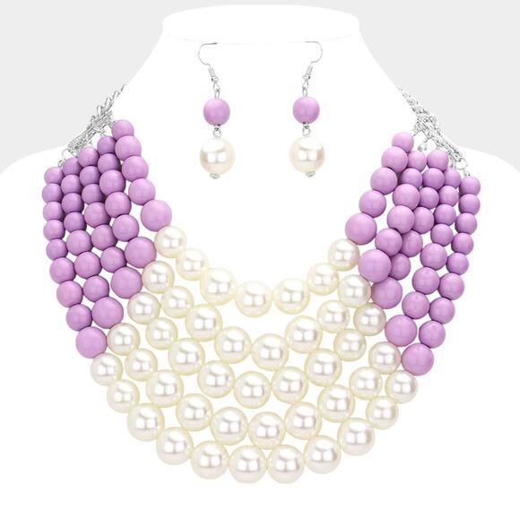 Pierced multi strand gold, light purple, and cream pearl necklace set - Picture 4 of 4